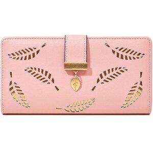 Pink Women’s Faux Leather Gold Leaf Long Clutch Wallet